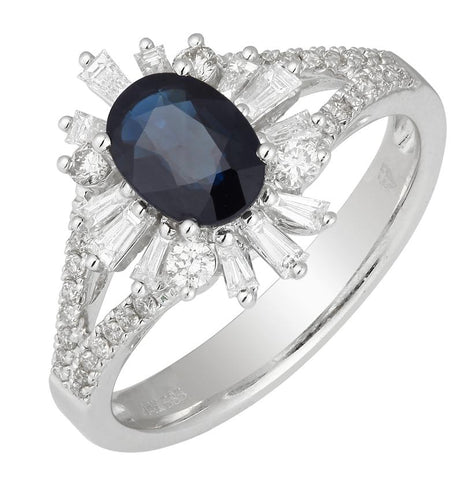 0.5 Ctw Diamond 14k White Gold Sapphire Round Tap Baguette Shape Womens Gemstone Ring