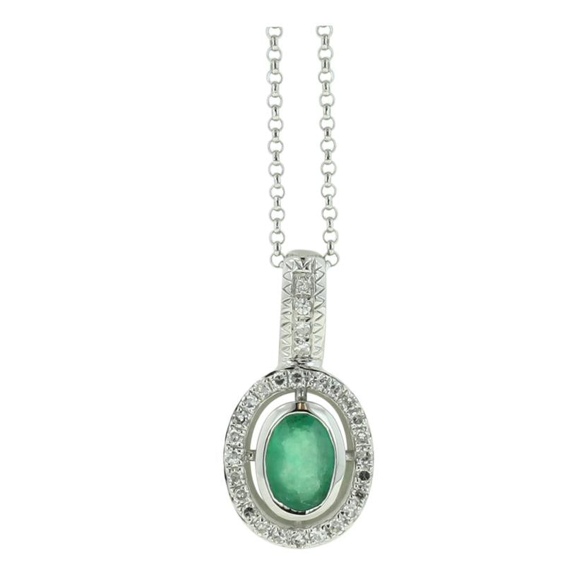 0.11 Ctw Diamond 14k White Gold Emerald Round Shape Womens Gemstone Necklace Pendant With 16 Inch Chain