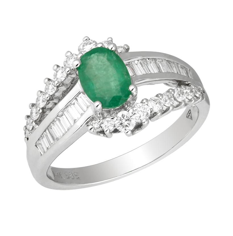 0.62 Ctw Diamond 14k White Gold Emerald Round Shape Womens Gemstone Ring