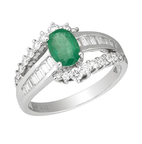 0.62 Ctw Diamond 14k White Gold Emerald Round Shape Womens Gemstone Ring