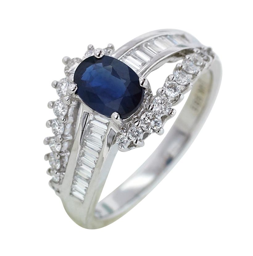 0.62 Ctw Diamond 14k White Gold Sapphire Round Tap Baguette Shape Womens Gemstone Ring