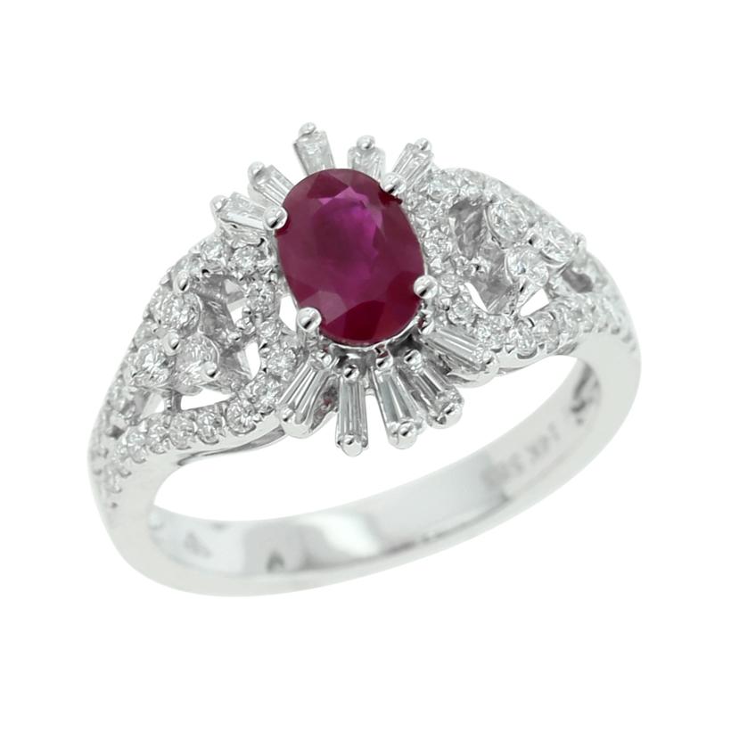 0.6 Ctw Diamond 14k White Gold Ruby Round Tap Baguette Shape Womens Gemstone Ring