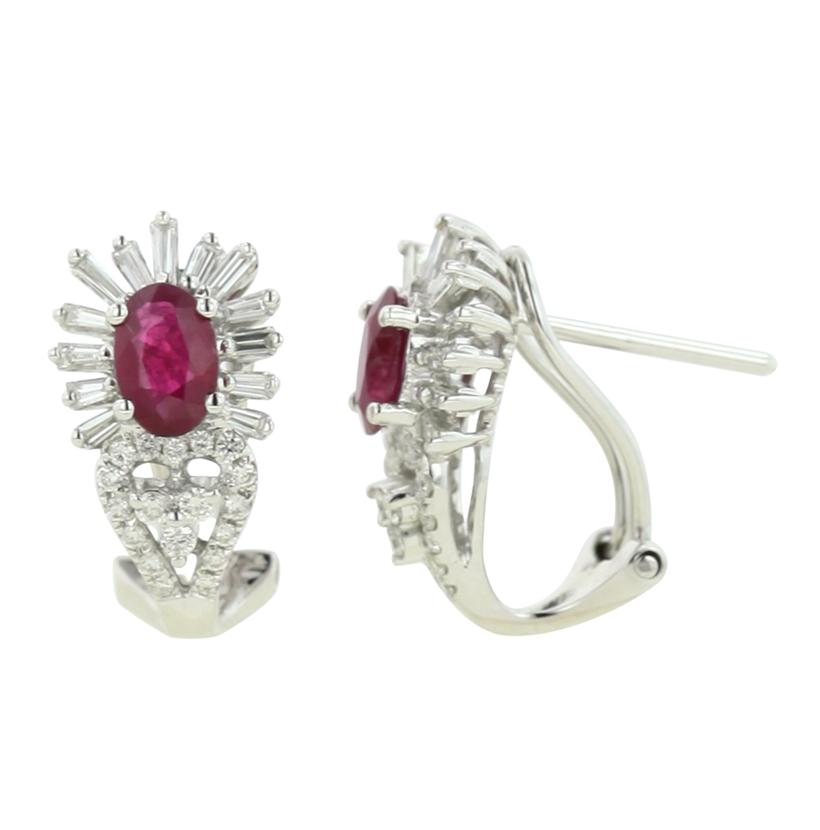 0.56 Ctw Diamond 14k White Gold Ruby Round Tap Baguette Shape Womens Gemstone Earrings