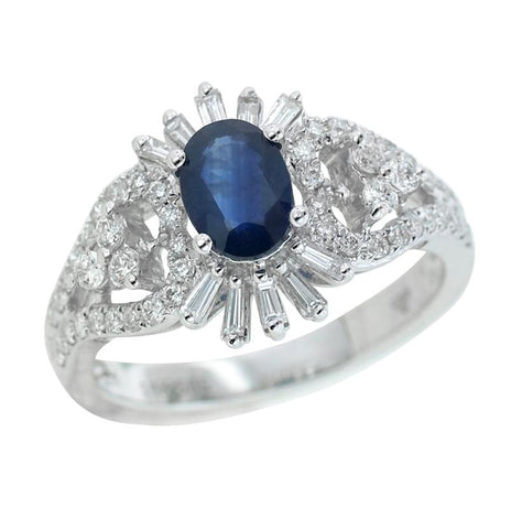 0.6 Ctw Diamond 14k White Gold Sapphire Round Tap Baguette Shape Womens Gemstone Ring