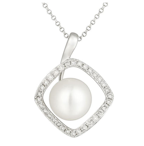 0.25 Ctw Diamond 14k White Gold Pearl Necklace Pendant With 16 Inch Chain