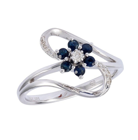 0.05 Ctw Diamond 14k White Gold Sapphire Round Shape Womens Gemstone Ring