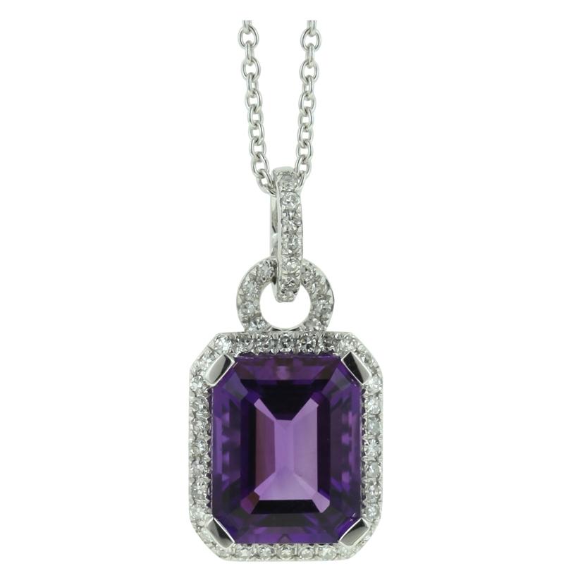 0.2 Ctw Diamond 14k White Gold Amethyst Round Shape Womens Gemstone Necklace Pendant With 16 Inch Chain