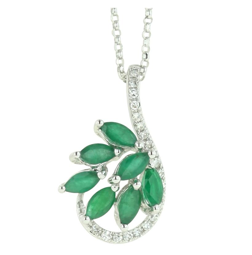 0.07 Ctw Diamond 14k White Gold Emerald Round Shape Womens Gemstone Necklace Pendant With 16 Inch Chain