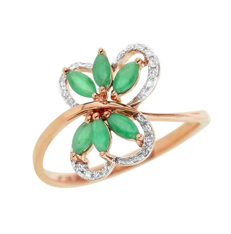 0.09 Ctw Diamond 14k Rose Gold Emerald Round Shape Womens Gemstone Ring