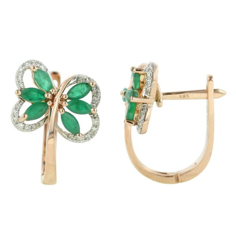 0.15 Ctw Diamond 14k Rose Gold Emerald Round Shape Womens Gemstone Earrings