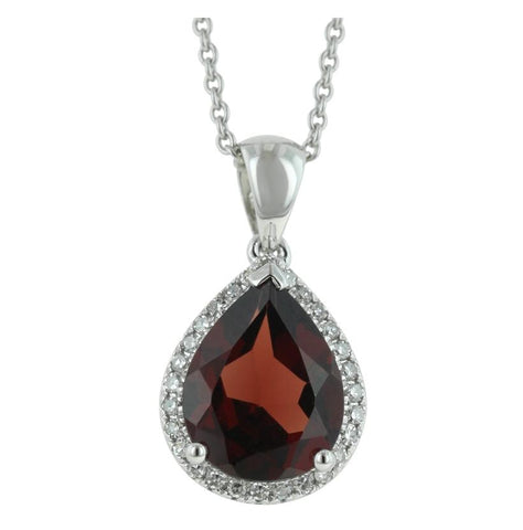 0.12 Ctw Diamond 14k White Gold Garnet Round Shape Womens Gemstone Necklace Pendant With 16 Inch Chain