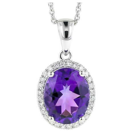 0.12 Ctw Diamond 14k White Gold Amethyst Round Shape Womens Gemstone Necklace Pendant With 16 Inch Chain