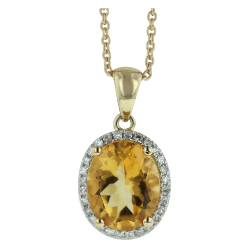 0.12 Ctw Diamond 14k Yellow Gold Citrine Round Shape Womens Gemstone Necklace Pendant With 16 Inch Chain