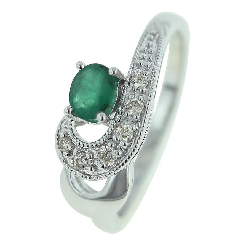 0.09 Ctw Diamond 14k White Gold Emerald Round Shape Womens Gemstone Ring