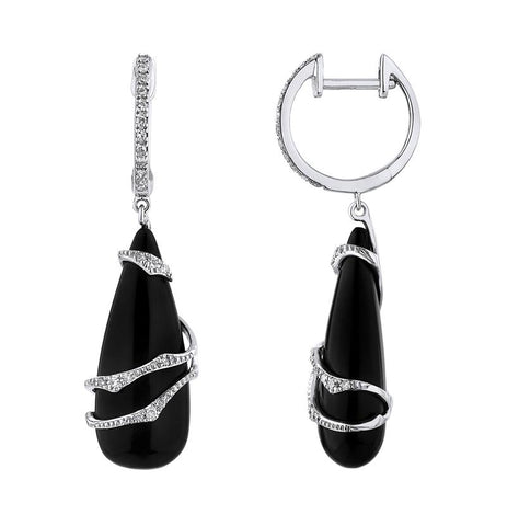 0.16 Ctw Diamond 14k White Gold Onyx Round Shape Womens Gemstone Earrings