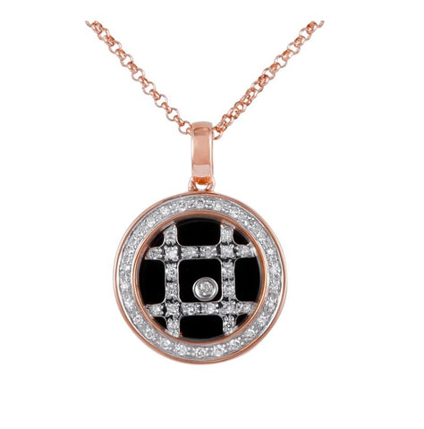 0.15 Ctw Diamond 14k Rose Gold Onyx Round Shape Womens Gemstone Necklace Pendant With 16 Inch Chain