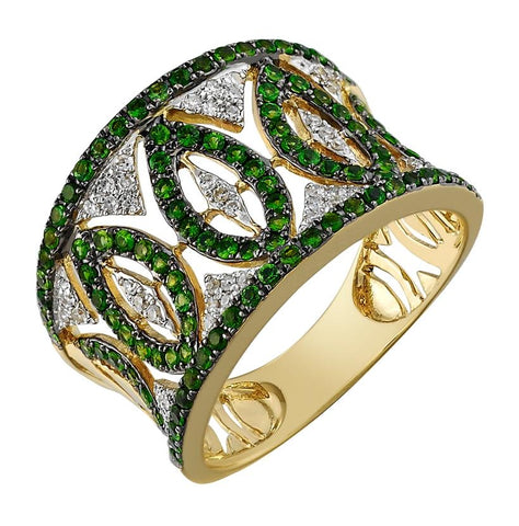 0.13 Ctw Diamond 14k Yellow Gold Tsavorite Round Shape Womens Gemstone Ring