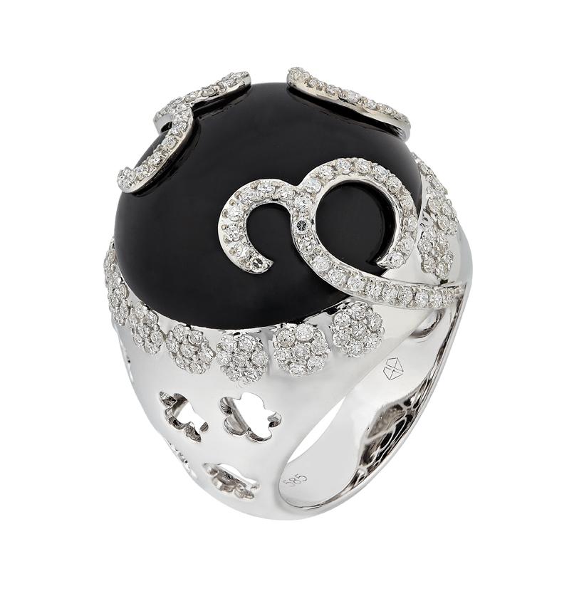 0.8 Ctw Diamond 14k White Gold Onyx Round Shape Womens Gemstone Ring