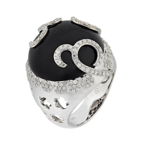 0.8 Ctw Diamond 14k White Gold Onyx Round Shape Womens Gemstone Ring