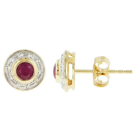 0.1 Ctw Diamond 14k Yellow Gold Ruby Round Shape Womens Gemstone Earrings