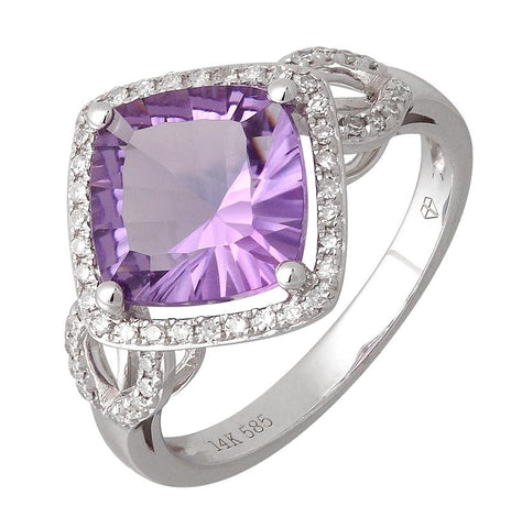 0.21 Ctw Diamond 14k White Gold Amethyst Round Shape Womens Gemstone Ring