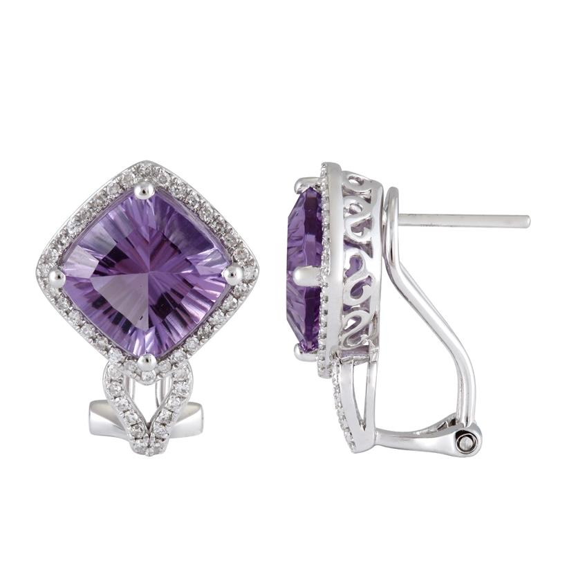 0.37 Ctw Diamond 14k White Gold Amethyst Round Shape Womens Gemstone Earrings