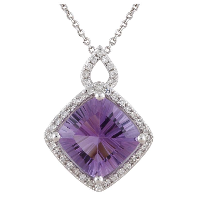 0.17 Ctw Diamond 14k White Gold Amethyst Round Shape Womens Gemstone Necklace Pendant With 16 Inch Chain