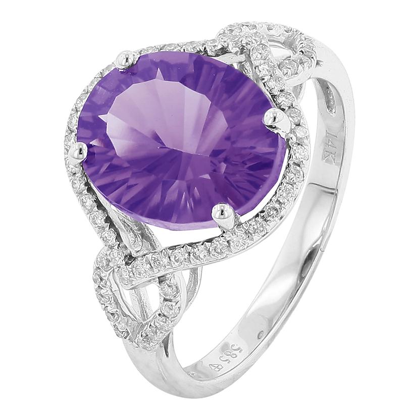 0.25 Ctw Diamond 14k White Gold Amethyst Round Shape Womens Gemstone Ring