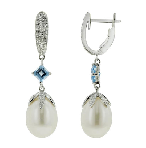 0.13 Ctw Diamond 14k White Gold Topaz Pearl Earrings