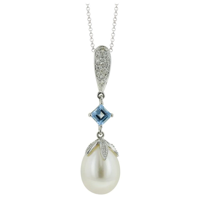 0.05 Ctw Diamond 14k White Gold Topaz Pearl Necklace Pendant With 16 Inch Chain