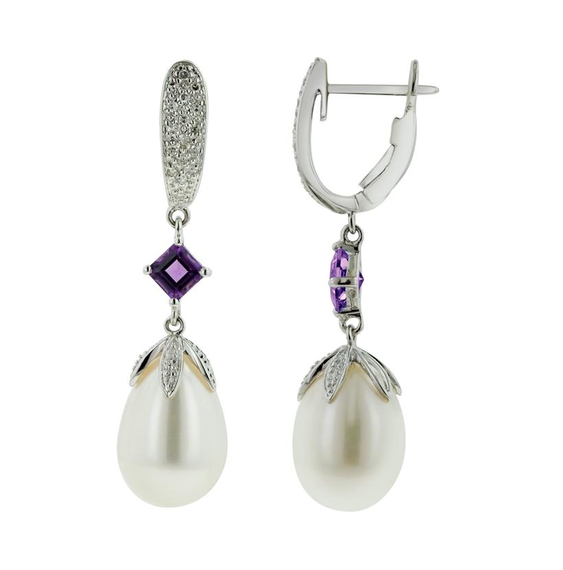 0.13 Ctw Diamond 14k White Gold Amethyst Pearl Earrings