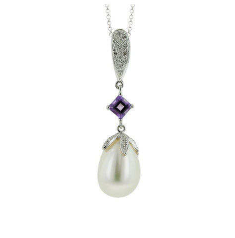 0.05 Ctw Diamond 14k White Gold Amethyst Pearl Necklace Pendant With 16 Inch Chain