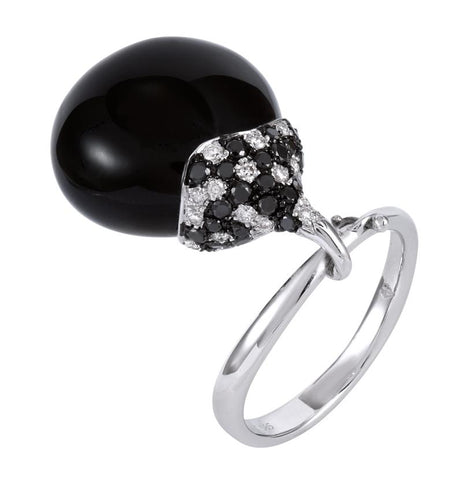 0.48 Ctw Diamond 14k White Gold Onyx Round Shape Womens Gemstone Ring