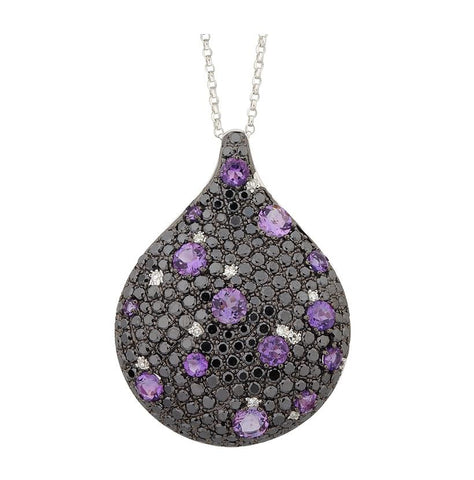 1.59 Ctw Diamond 14k White Gold Amethyst Round Shape Womens Gemstone Necklace Pendant With 16 Inch Chain