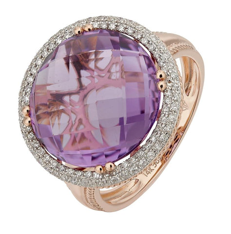 0.31 Ctw Diamond 14k Rose Gold Amethyst Round Shape Womens Gemstone Ring