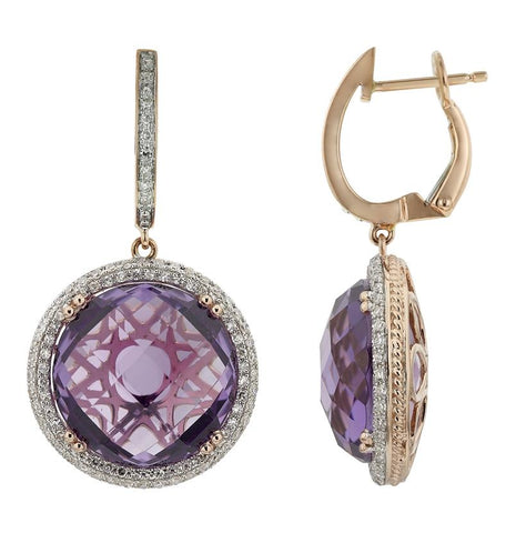 0.6 Ctw Diamond 14k Rose Gold Amethyst Round Shape Womens Gemstone Earrings