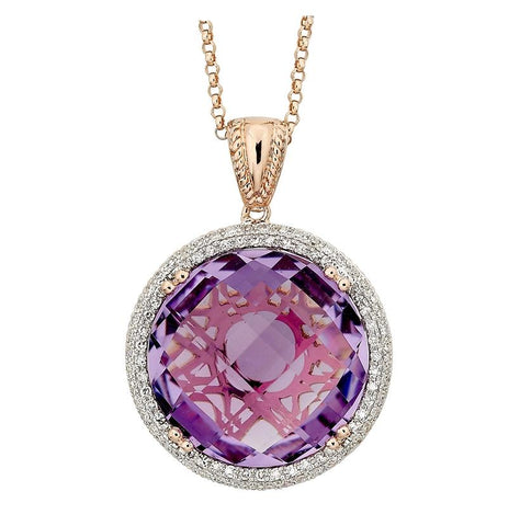 0.31 Ctw Diamond 14k Rose Gold Amethyst Round Shape Womens Gemstone Necklace Pendant With 16 Inch Chain