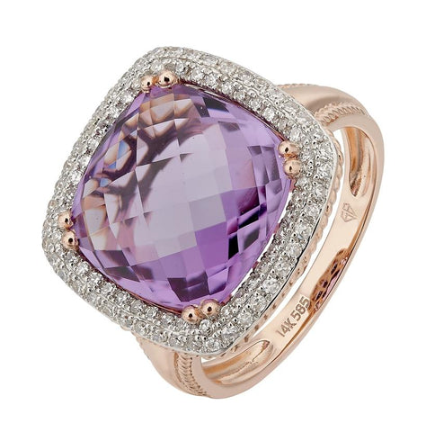 0.29 Ctw Diamond 14k Rose Gold Amethyst Round Shape Womens Gemstone Ring