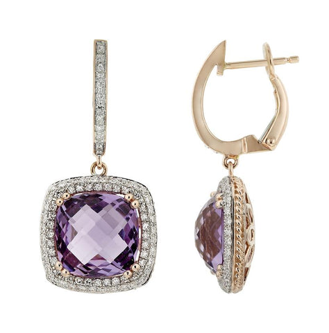 0.54 Ctw Diamond 14k Rose Gold Amethyst Round Shape Womens Gemstone Earrings