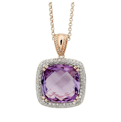 0.29 Ctw Diamond 14k Rose Gold Amethyst Round Shape Womens Gemstone Necklace Pendant With 16 Inch Chain