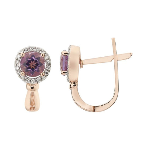 0.1 Ctw Diamond 14k Rose Gold Amethyst Round Shape Womens Gemstone Earrings