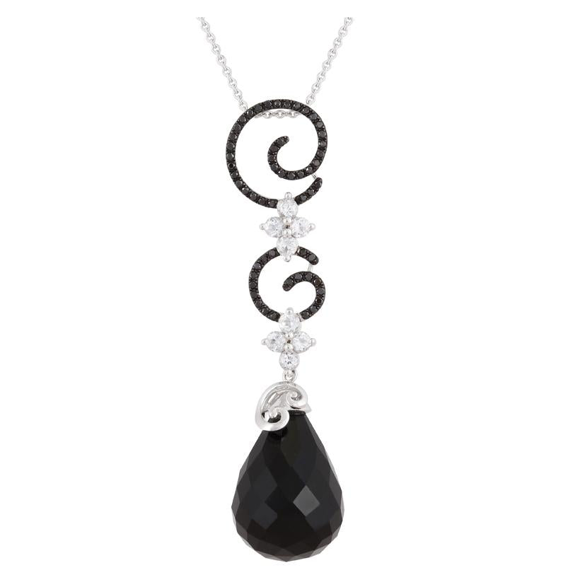 0.3 Ctw Diamond 14k White Gold Onyx Topaz Round Shape Womens Gemstone Necklace Pendant With 16 Inch Chain