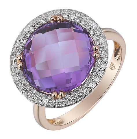0.24 Ctw Diamond 14k Rose Gold Amethyst Round Shape Womens Gemstone Ring