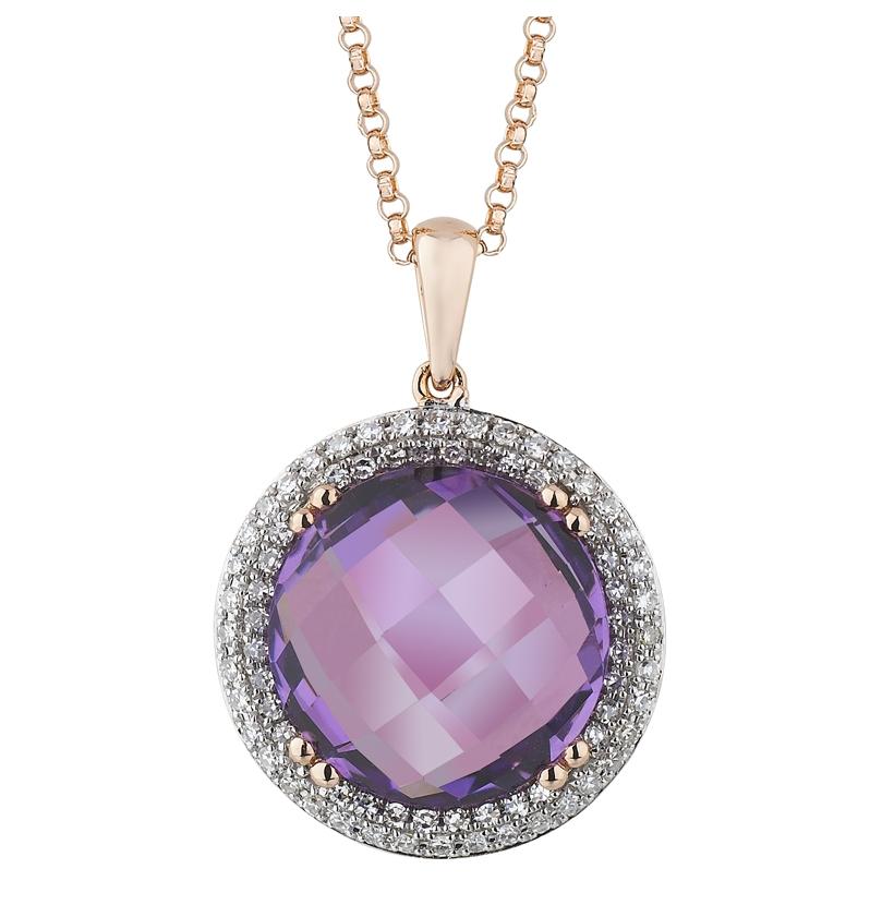 0.24 Ctw Diamond 14k Rose Gold Amethyst Round Shape Womens Gemstone Necklace Pendant With 16 Inch Chain