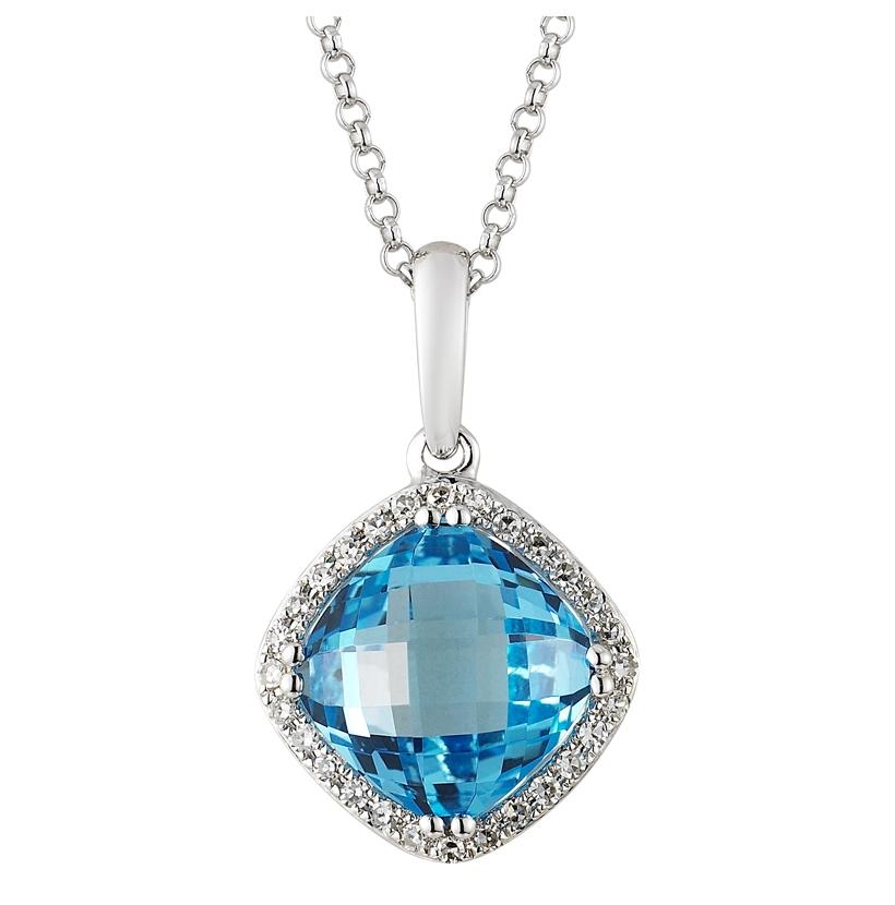 0.09 Ctw Diamond 14k White Gold Topaz Round Shape Womens Gemstone Necklace Pendant With 16 Inch Chain