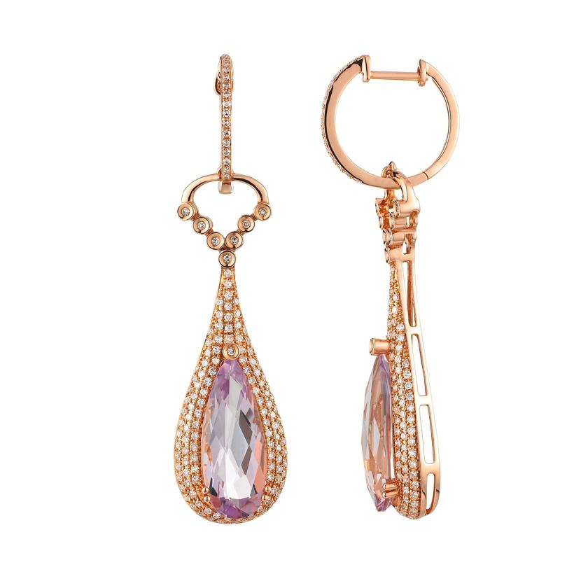 0.82 Ctw Diamond 14k Rose Gold Amethyst Round Shape Womens Gemstone Earrings