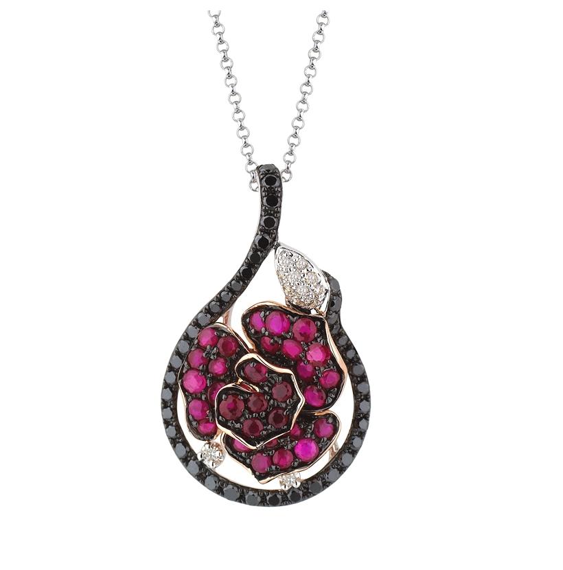 0.44 Ctw Diamond 14k Two Tone Gold Ruby Round Shape Womens Gemstone Necklace Pendant With 16 Inch Chain