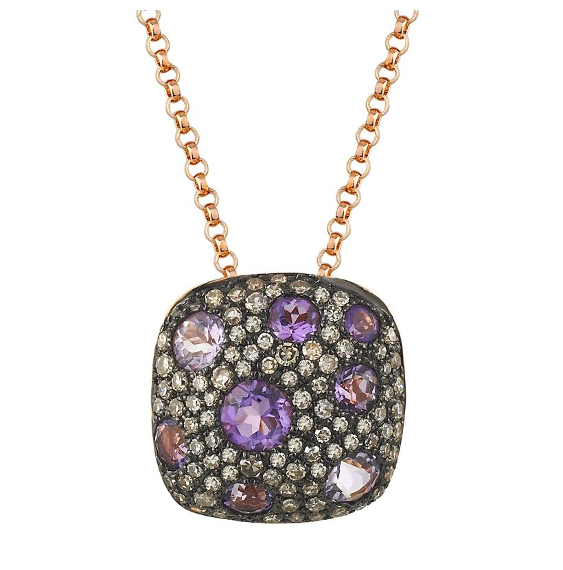 0.3 Ctw Diamond 14k Rose Gold Amethyst Round Shape Womens Gemstone Necklace Pendant With 16 Inch Chain