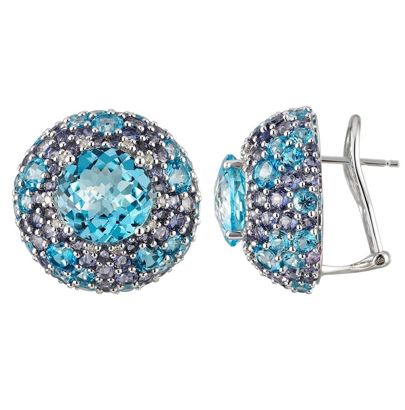 0.1 Ctw Diamond 14k White Gold Topaz Iolite Sapphire Round Shape Womens Gemstone Earrings