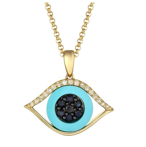 0.13 Ctw Diamond 14k Yellow Gold Sapphire Turquoise Gemstone Necklace Pendant With 16 Inch Chain